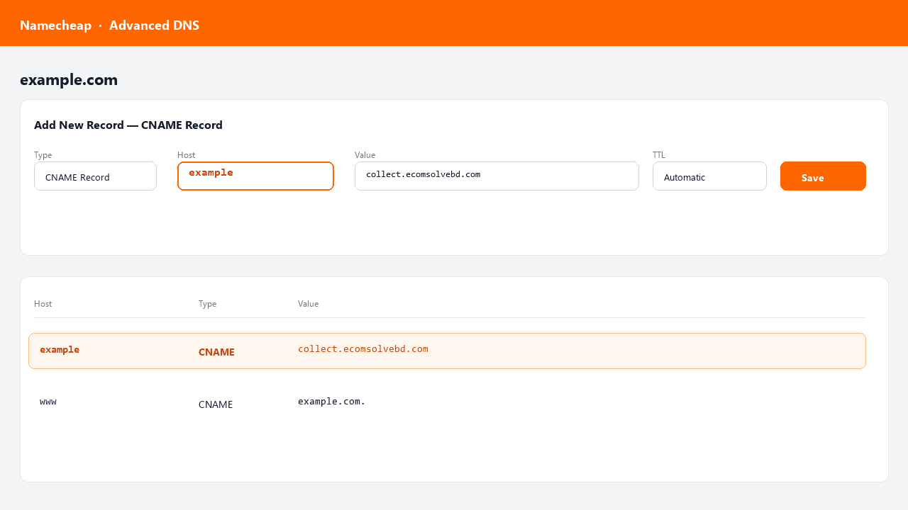 Namecheap — CNAME উদাহরণ