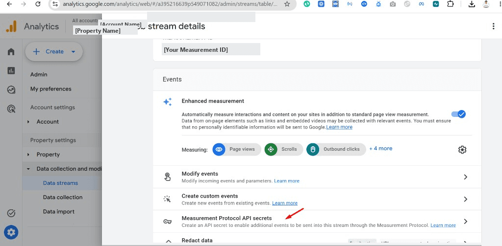 Measurement Protocol API secrets — উদাহরণ স্ক্রিন